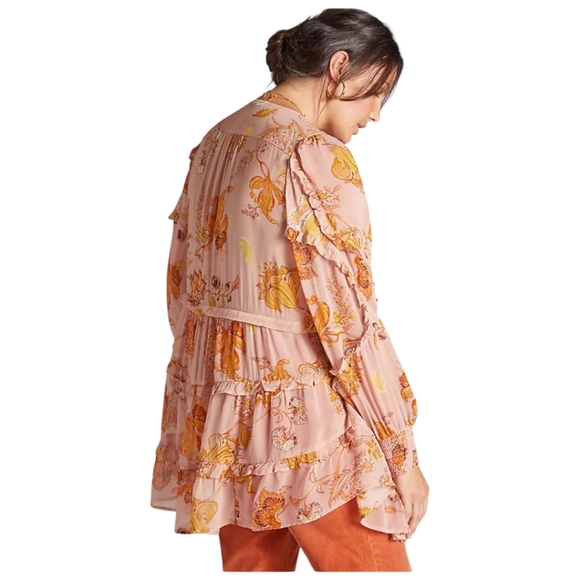 ANTHROPOLOGIE Floral Print Sheer Boho Tunic Top Sz XS - Picture 3 of 10